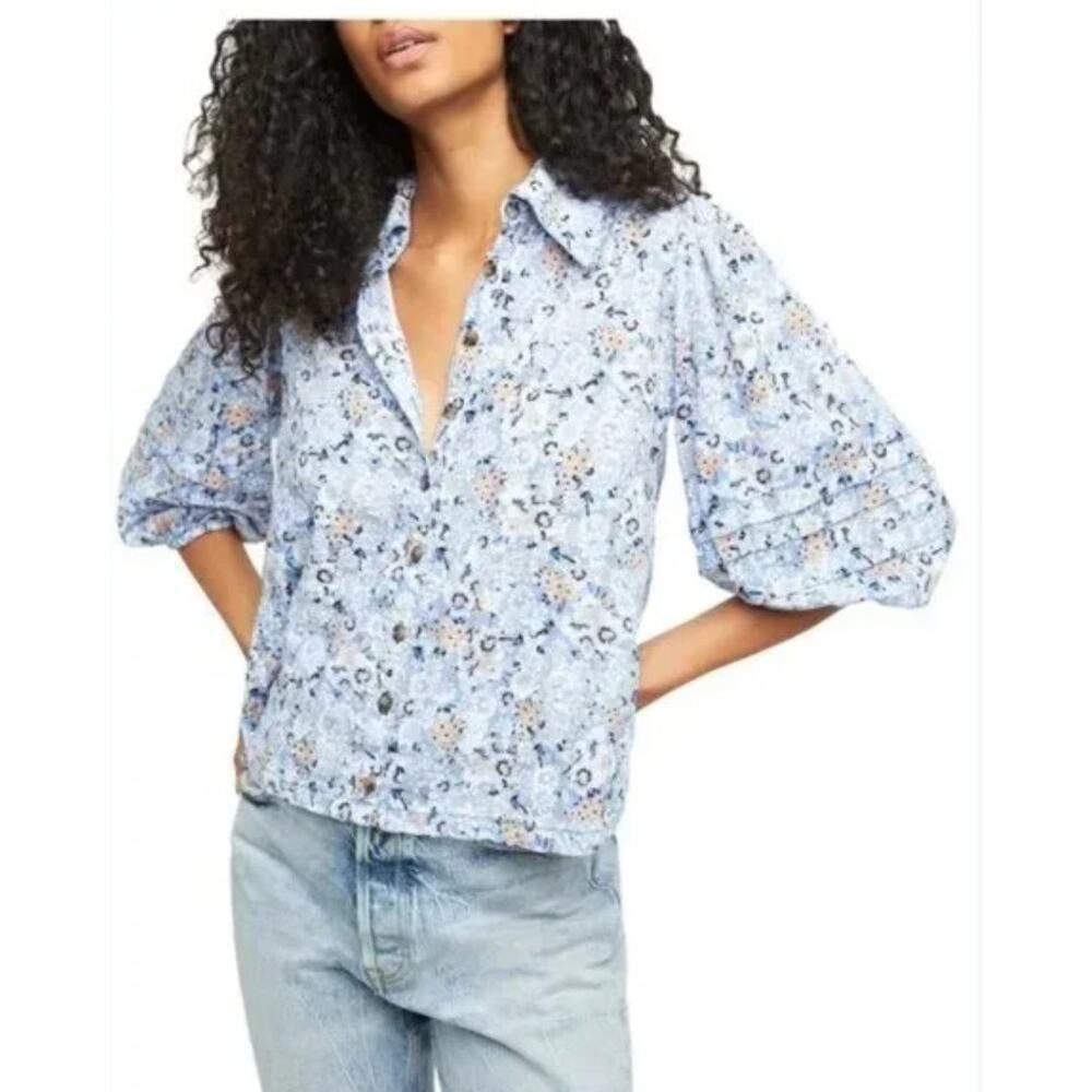 Free People Blue‎ Floral Happy Days Button Blouse Womans Medium Cottagecore